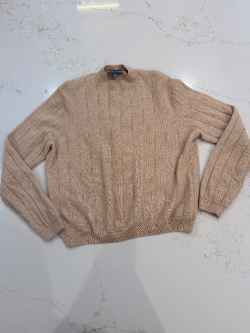 Amicale Cashmere 100% Cashmere Sweater Women’s XL Camel Tan Mock Neck Ribbed Kni